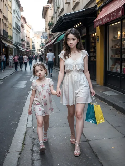 young kid, little daughter, una niña de 10 años, shopping street, fashion