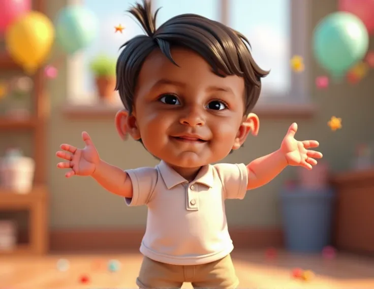 A Disney-Pixar style 3D movie poster of a  baby, smiling with 4 teeth on top and 2 on bottom, wearing a white polo shirt and beige shorts. The background of the image shows an environment with balloons, suggesting they are at a boy&#39;s birthday party. Th...