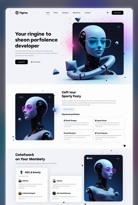 Create a portfolio figma design of software developer in hero page dont take image if you take any image use royalty free image dont any person image use ai avatar image 