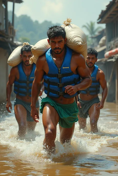 Sexy Burmese muscular young men carrying food packs at the flood rescues
With blue life jacket and green underwear