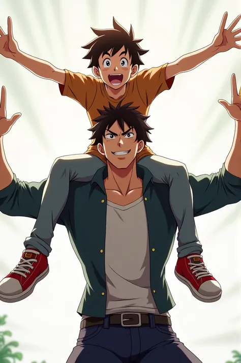 Anime guy sitting on top of another guys shoulders with arms out