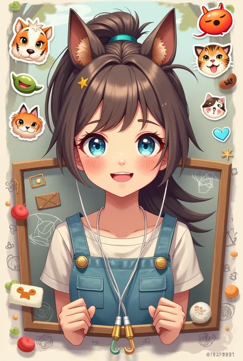 1 girl, Single, long hair, Smile, blue eyes, ponytail, emoticon stickers, Character portrait zoom（Silhouette）Layers, Tiger ears, Cow ears, Wolf ears, Cat ears, Seven-part shot, Part of the painting is outside the background frame, Setting diagram, picture ...