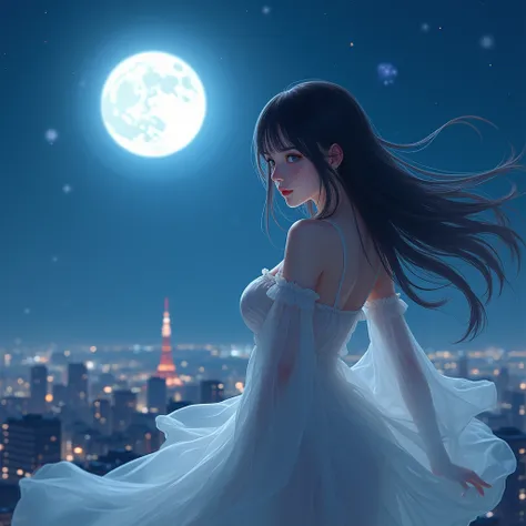 Mid-Autumn Moon,Floating in the Tokyo night sky,One girl, High resolution, Long Hair, Best Quality, High-resolution model, Long Hair, Large Breasts, blue eyes, Realistic Women,Sheer dress,Real Woman,Reality,