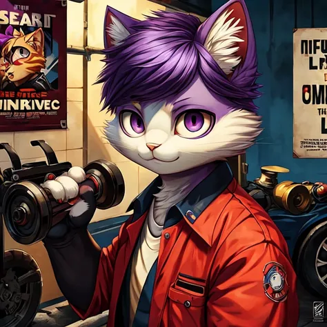 ((Best Quality)), ((masterpiece)), (detailed), One cat, Purple hair, Purple Eyes, Mechanic, Poster