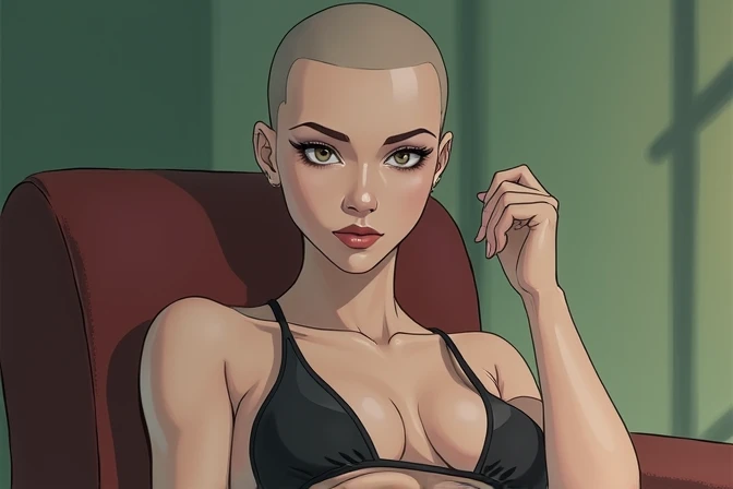 Bikini with bald head, flirty expression 