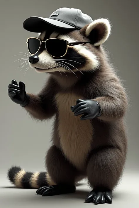 Raccoon looking to the side like the monkey nft, I want it in ultra HD and very realistic, forearms raised and wrists relaxed, with cap and retro sunglasses 