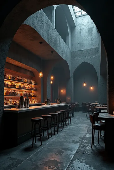 Create a bar space, with colors in the dark gram, black is dominant, Unique design combining light and glass,  wood, Mysterious art space creates a sense of horror and surprise