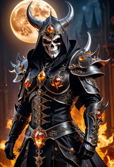 (masterpiece, best quality:1.2), dynamic pose,demon pope, full body portrait,  (perfect detailed eyes, face:1.2), burning crystal armor, leather corset,  hood, skulls shoulder pads, giant moon on background, night,