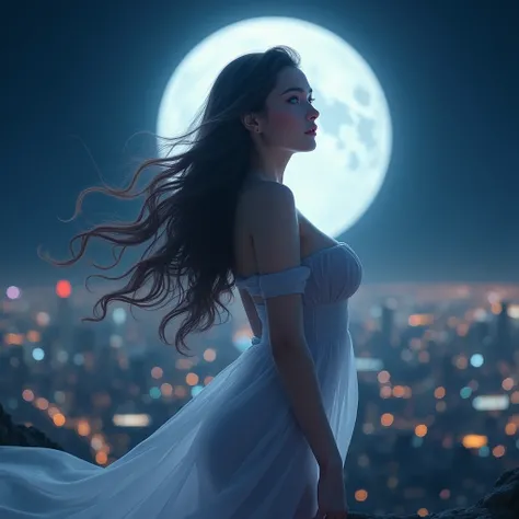 Mid-Autumn Moon,Floating in the Tokyo night sky, High resolution, Long Hair, Best Quality, High-resolution model, Long Hair, Large Breasts, blue eyes, Realistic Women,Sheer dress,Real Woman,Reality,solo, 