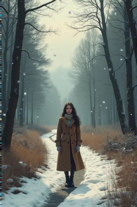 20yo woman, standing in the middle of a winding forest path in Europe, in Winter, wearing a brown outfit appropriate for the season. with singer style 