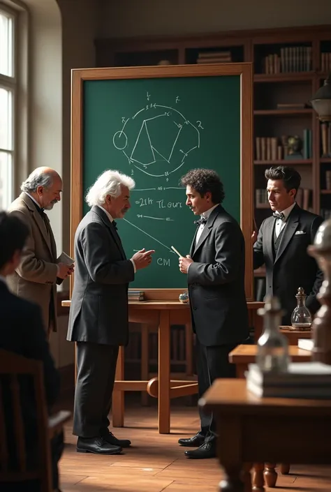 

"A classroom with a blackboard where Albert Einstein, Nikola Tesla, Isaac Newton, and Srinivasa Ramanujan are standing or sitting together. Each figure is dressed in period-appropriate clothing, and they are engaged in a discussion or writing on the blac...