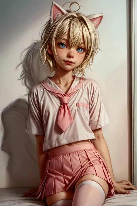Anime style, Highres, Masterpiece, Best quality at best, Best Quality, hight quality, hight detailed, 1boy, blonde boy, perfect boy body, cute boy, detailed light blue eyes, short hair, messy hair, bangs, pastel rainbow inner hair color mesh, band on head ...