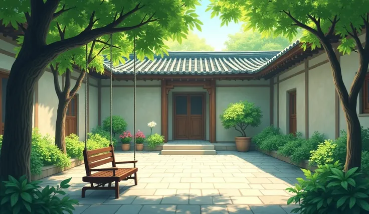 
"A peaceful and green courtyard with a clean, stone-tiled floor, where plants and trees sway gently in the breeze. Soft sunlight filters through the trees, creating a serene and traditional atmosphere. A swing is tied to one of the trees, and a wooden ben...