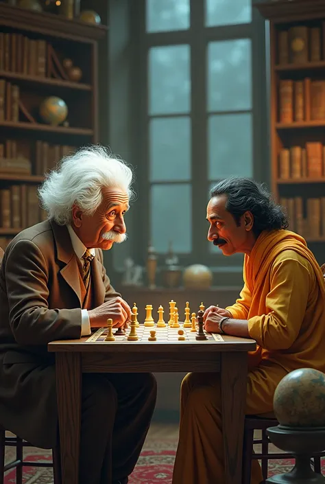 Einstein and Aryabhatta playing chess
