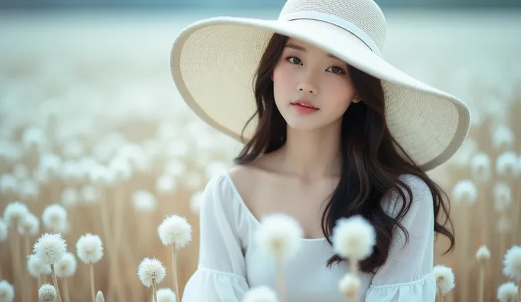 (((A Realistic photo of a Naked Very beautiful Korean woman big breasts and wearing Big white hat))) (((sitting and cover her body in a field of flowers))), shot with canon eos 6d mark ii, beautiful young korean woman, shot in canon 50mm f/1.2, gorgeous yo...