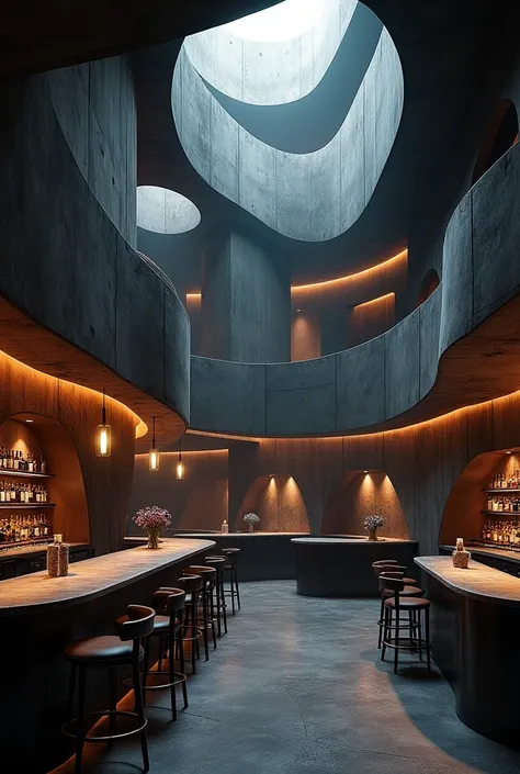 Create a bar space, with colors in the dark gram, black is dominant, Unique design combining light and glass,  wood, Mysterious art space creates a sense of horror and surprise, The space is uniquely shaped with impressive ventilation holes and warm curves...