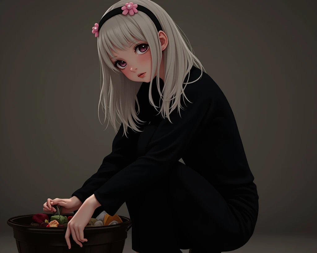 Masterpiece, best quality, super detailed, illustration, beautiful detailed eyes, close up, a girl. It is white hair, pink bow, white pajamas. Squat on the ground and rummage through the clothes basket