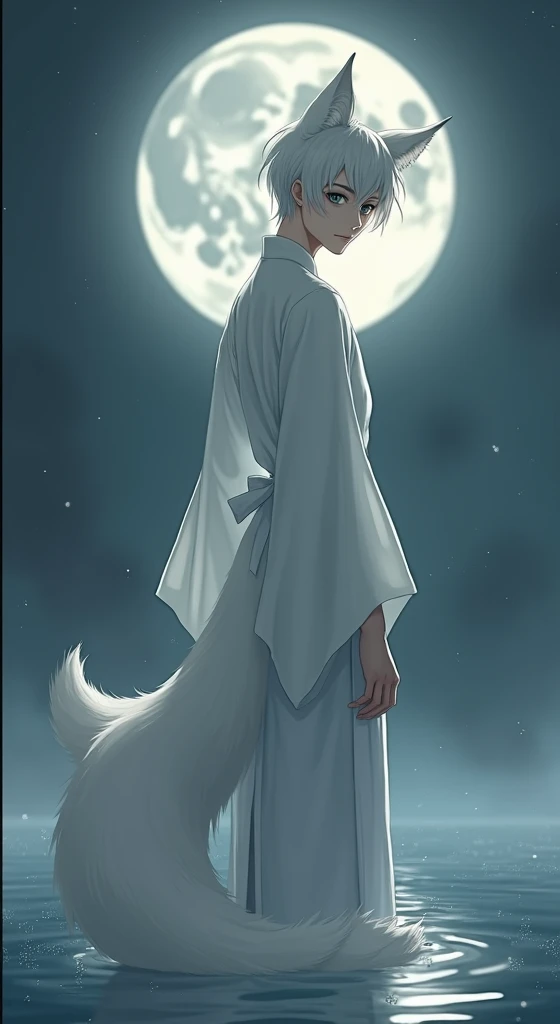 A 20-year-old，male，slim，Wear a white kimono，With nine fox tails，Background: Moonlight on lake surface，Big Full Moon，hansome，Looking sideways at the audience，short hair