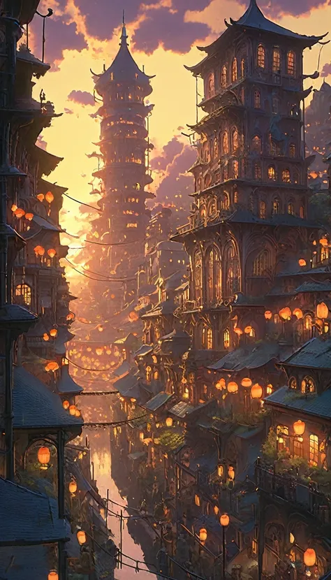 A sprawling, intricate factory town in a fantasy world inspired by the works of Hayao Miyazaki. The town is filled with elaborate buildings and chimneys, with a complex web of pipes and machinery running through the streets and between structures. Despite ...