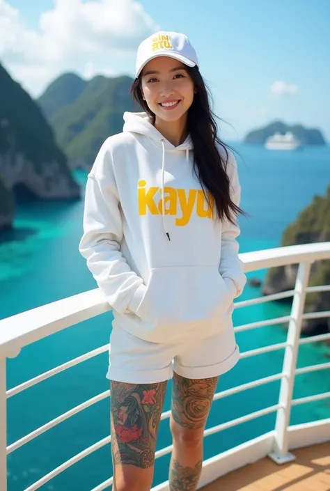 a beautiful 20 year old Korean woman , wearing a white hoodie with yellow writing "in Ayu",white shorts, white baseball cap and white shoes, full body full of bright colorful tattoos with smiling face facing the camera,standing on the balcony of a luxury c...