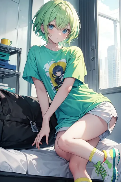 Yellow-green hair, light blue inner color, light blue eyes, lime-colored jacket, black short-sleeved T-shirt inside, short hair, red sneakers, short white socks