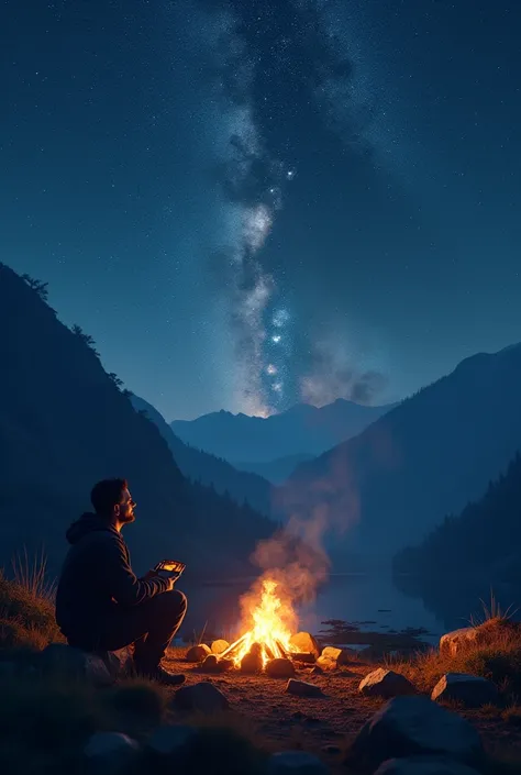 A men give us vibes while chilling on the mountain alone while camping in night full of starts and galaxy in front of the fire having barbeque in his hand 
