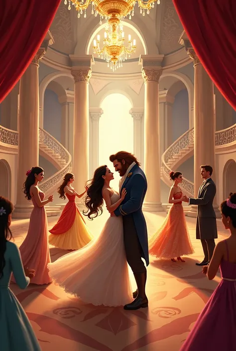 Sans une salle de bal plusieurs couple disney danse . 
Vahiana et maoui ensemble.john frost et elsa. Belle et la bête. Mulan et hua. Pochontas et john smith