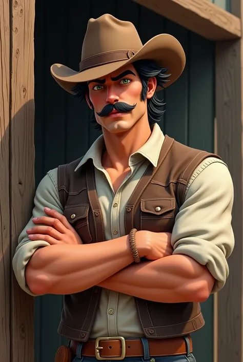 Guy handsome, Green eyes, short wavy black hair, moustache, cowboy hat, strong, arms crossed next to a fence