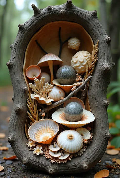 Using natural materials fungi，Create a semi-relief work using tree branches, shells, etc.，No characters，Artist Rachel Dein Style