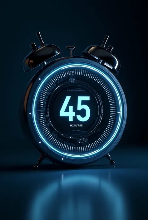 A circular alarm clock representing forty-five minutes，闹钟是Glowing lines感，There is a mechanical feel，Be tech-savvy，Glowing lines，The background should be blue and black，Clean background，Beautiful light and shadow