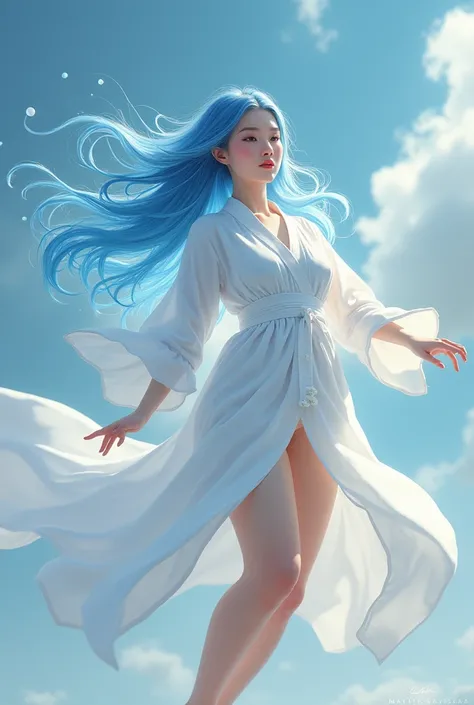 Young woman,Twenty-nine years old, Asian face, Long blue and white hair, Skin as white as snow, Wearing a white monk&#39;s robe, revealing the left thigh, Big chest, Thin waist, Big butt,Floating in the air Victoria, Painting style: realistic 2.5D


