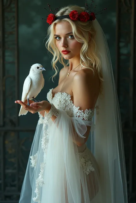 Beautiful blonde girl with a small wreath of black wire and red flowers on her head in a sexy tight wedding dress in a relaxed pose the girl is standing straight around her fog on her palm sits a white raven around the girl rises from her feet and wraps ar...