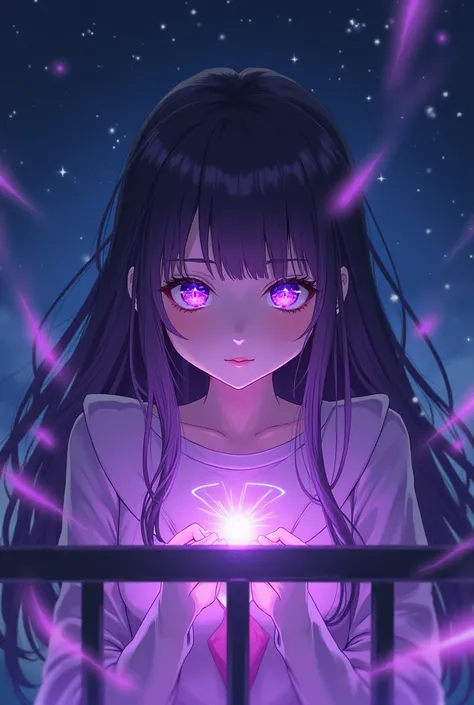 masterpiece, best quality, ultra-detailed, illustration, , , 1girl,solo, image body, flower, looking at viewer, , , purple eyes, jewel-like eyes, extremely detailed eyes, extremely detailed face,, , star (sky), constellation,  purple energy,  railing, mete...