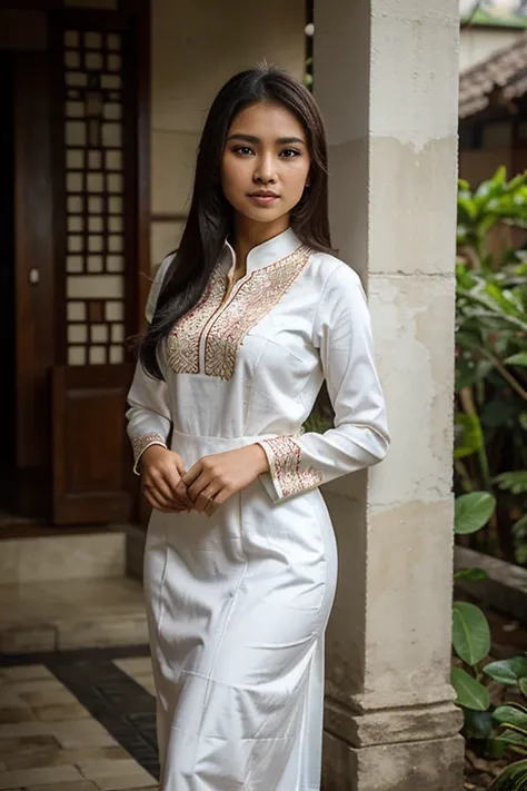 Beautiful Indonesian woman wearing kebaya dress batik traditional of java, dress white colour,realistic