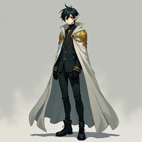 anime style, make a young man of 1.80 meters, 23 years, pale skin, Their ears are pointed, similar to those of an elf.. He has messy black hair sticking out behind his head and very tired black eyes., tired face, He wears a black suit decorated with gold d...