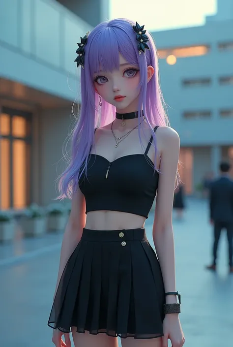 1 girl, best quality, masterpiece, high resolution, [purple|sliver|green] _hair, black miniskirt, hair accessory, necklace, jewelry, beautiful face, looking forward, full body view, realistic, outdoor, modern square, two-tone lighting, (high detail skin: 1...