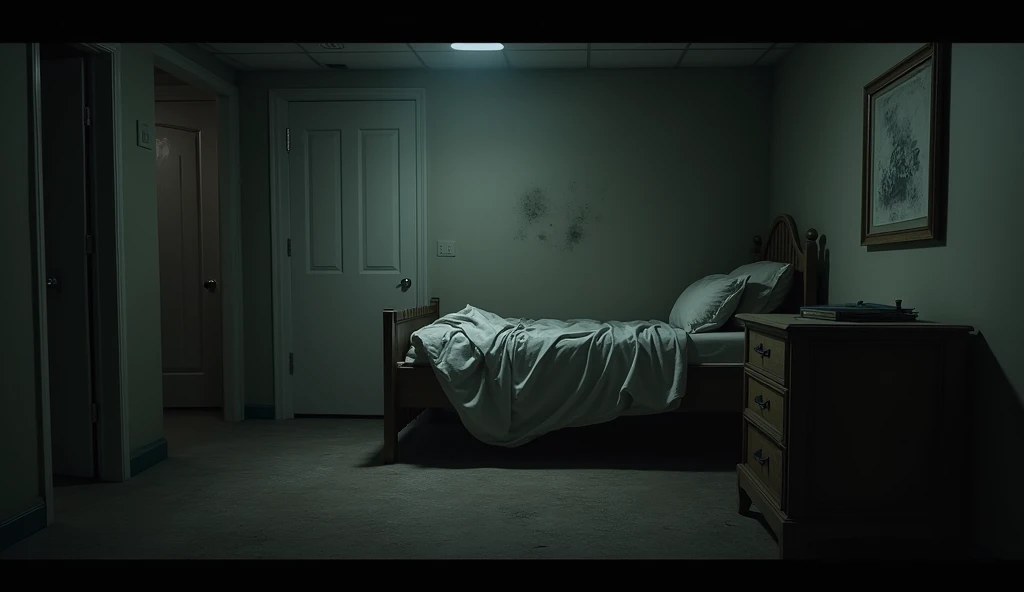 The interior of Room 323, showing a simple, slightly disheveled room with a bed and furniture. Shadows and a cold draft create an eerie atmosphere