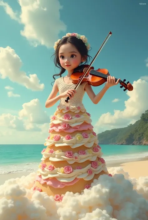 asian girl with indonesian face, has a cake body and is holding a violin and in the clouds. with detailed images that look real, with a beautiful beach background with small waves sweeping the edge of the beach, the image of iornib photographer looks real1...