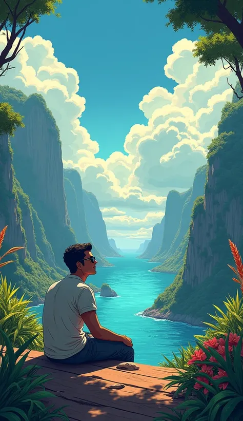 man doing sitting in a fantastic place background, UHD --no dark --ar 5:3 --s 1000 --v 6.0, anime beautiful peace scene, beautiful anime scenery, ( ( makoto shinkai ) ), makoto shinkai cyril rolando retro sunglasses, Hawaii, gta vice style , illustration ,...