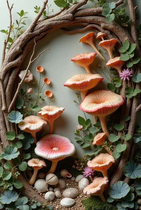 Create a semi-relief work using natural materials such as branches, leaves, shells, fungi, etc.，No character work，Artist Claudia Biehne Style