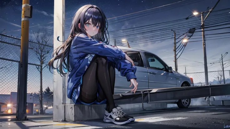 girl, blue sweatshirt, pantyhose, on the side of a white car, black shoes, long hair, black hair, night, light poles