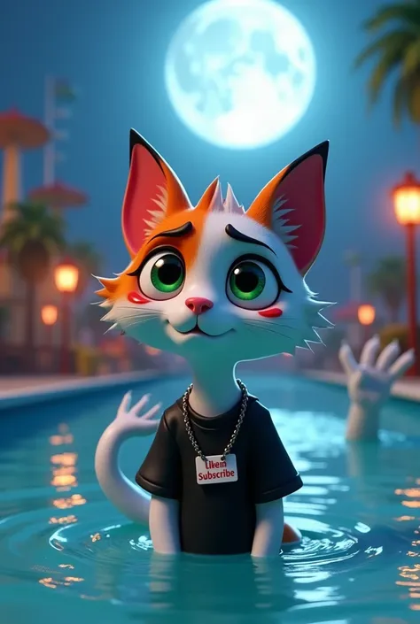 Charector ;billu cat cartoonish white and orange mix cat, green eyes in a black T-shirt  and red paint, expression flustered.
Action,,Its night time, the full moon is shining ,Billu cat is taking bath in the water park. Scary hands are coming out from the ...