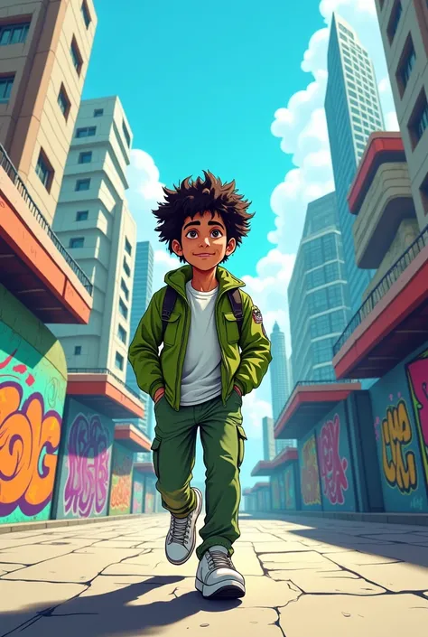 A2D cartoon of a 23year old young Indian man, white toon face, with curly hair, walking confidently on an urban street with colourful graffiti on both sides. He is dressed in a green jacket and cargo pants with sneaker, and the scene is set against backdro...