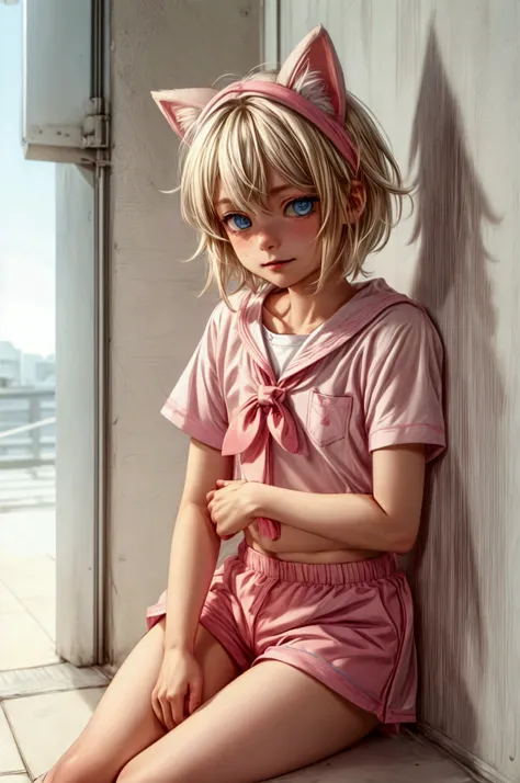 Anime style, Highres, Masterpiece, Best quality at best, Best Quality, hight quality, hight detailed, 1boy, blonde boy, perfect boy body, cute boy, detailed light blue eyes, short hair, messy hair, bangs, pastel rainbow inner hair color mesh, band on head ...