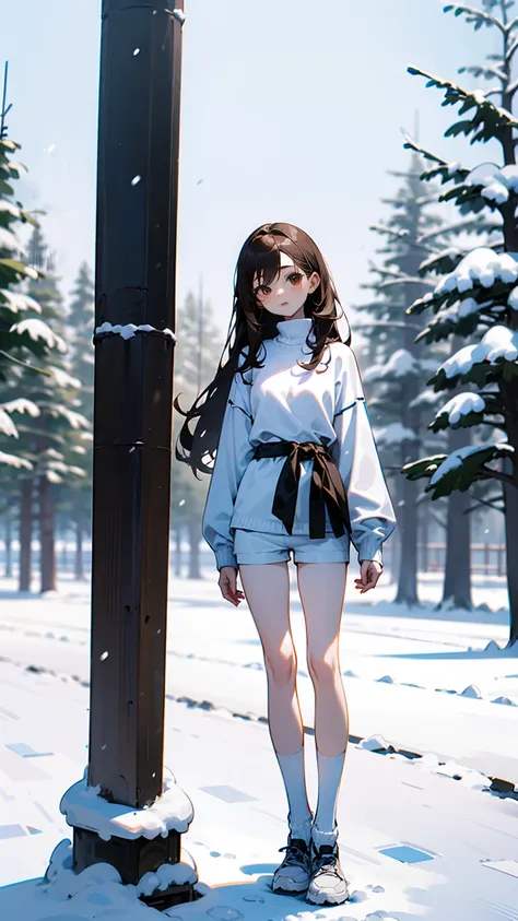 a girl,fourteen years old ,brown long hair,white skin,wearing a baring waist sweater,white mini short pants,sport white socks,very thin waist,very thin legs,skinny legs,slim,skinny, in the snow