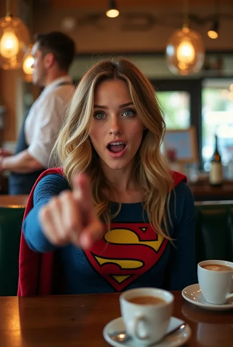 Super girl sitting,amazed facial expression,amazed,hand pointing forward,cafe background,bartender,camera focus,realistic picture