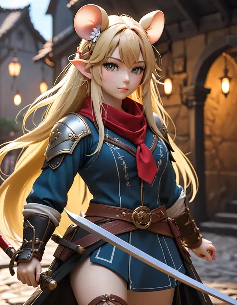 full body Esbian、Cool Female Mouse、Pop Female Mouse、diorama、symple background、bandana、holding sword, ​masterpiece, long-blonde hair, sword on shoulder, Best Quality, Capture super cute moments, depth of fields, ultra-detailliert, Ultra High Resolution, Oct...