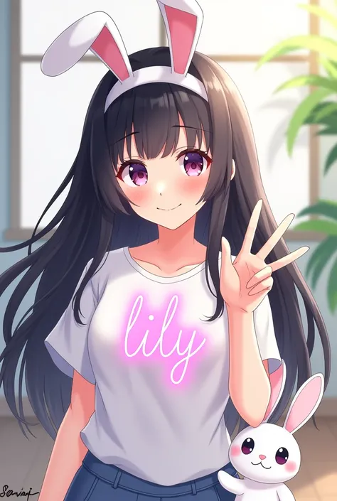 a beautiful and cute girl, with long black hair and big eyes, posing smiling with a white headband in the shape of white rabbit ears that bent downwards. wearing a white shirt with the word "LILY" written in neon pink in the middle of her shirt. and there ...