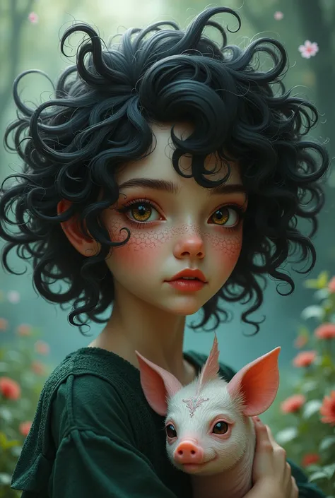 A girl with curly black hair,teenager,pig,Half Dragon,