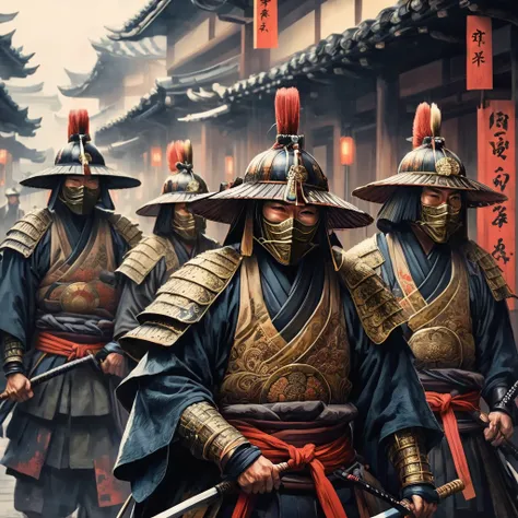 A group ofJapanese warrior ronin with magnificent mask in portrait, the atmosphere is heavy and sad. Its very detailed and in the atmosphere of the old quarter of the time